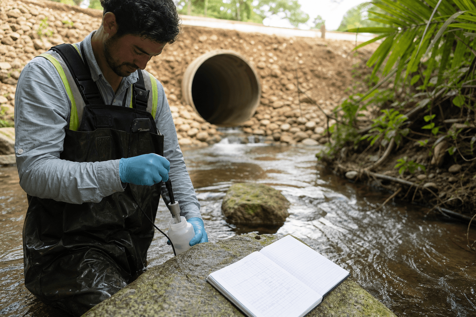 Técnico de campo midiendo la calidad del agua de una quebrada aguas abajo de una alcantarilla de obra