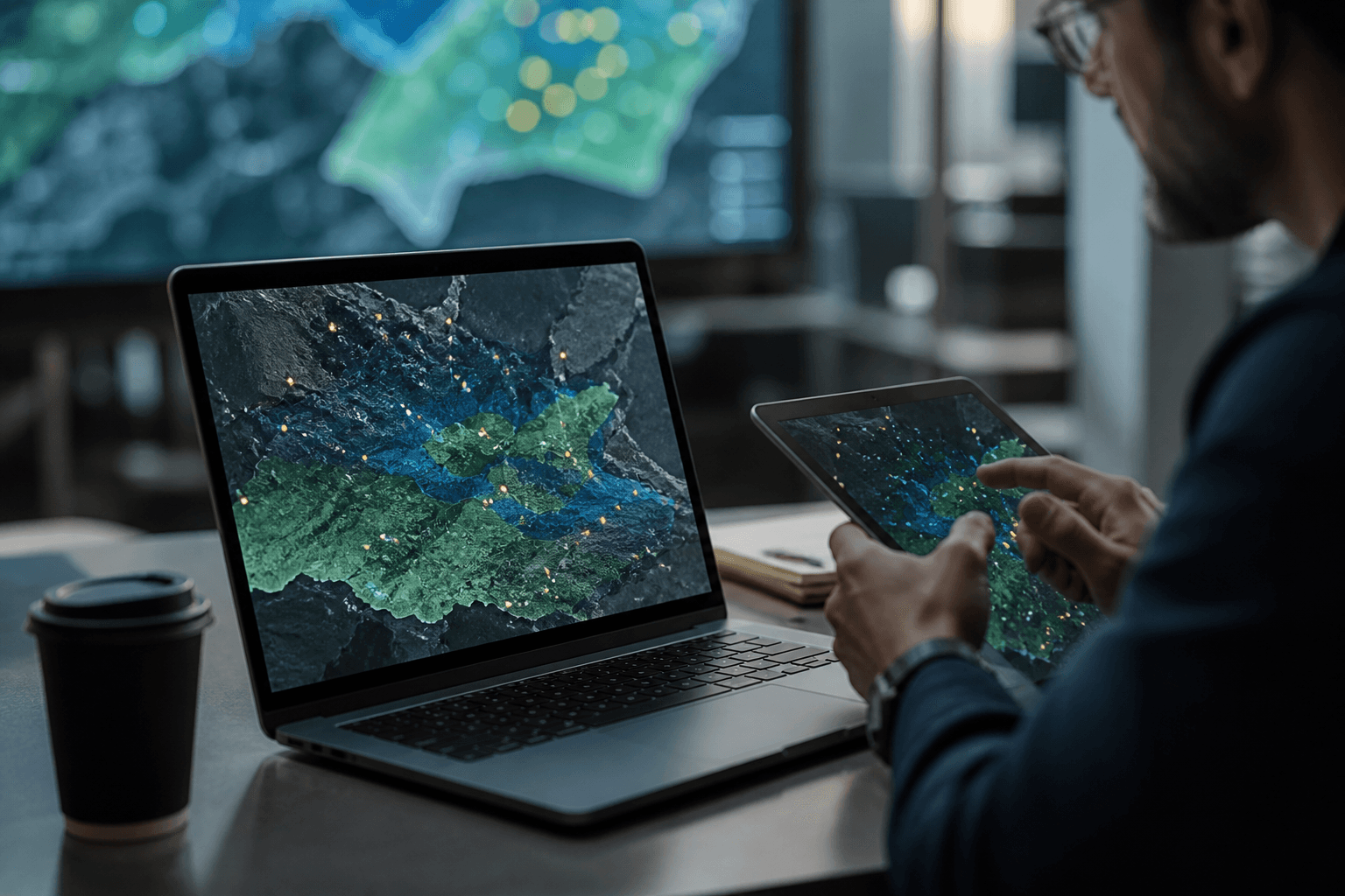 Un técnico revisa un mapa con puntos sobre una laptop y una tableta en una oficina