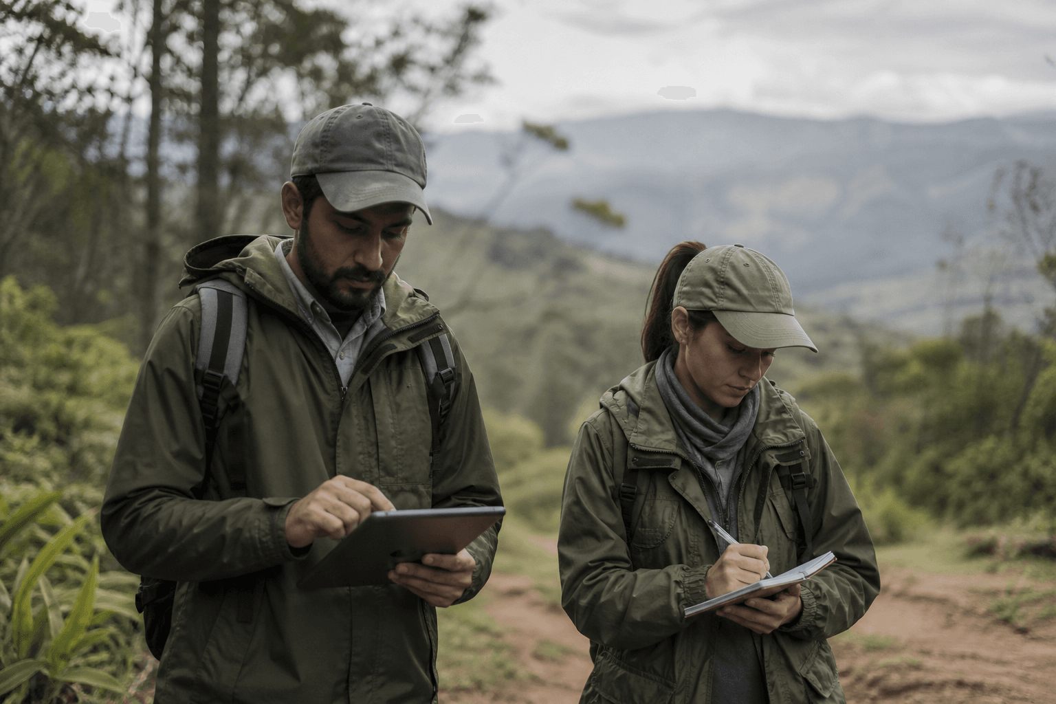 Dos técnicos de campo en un sendero de montaña, uno con una tableta y otra escribiendo en una libreta