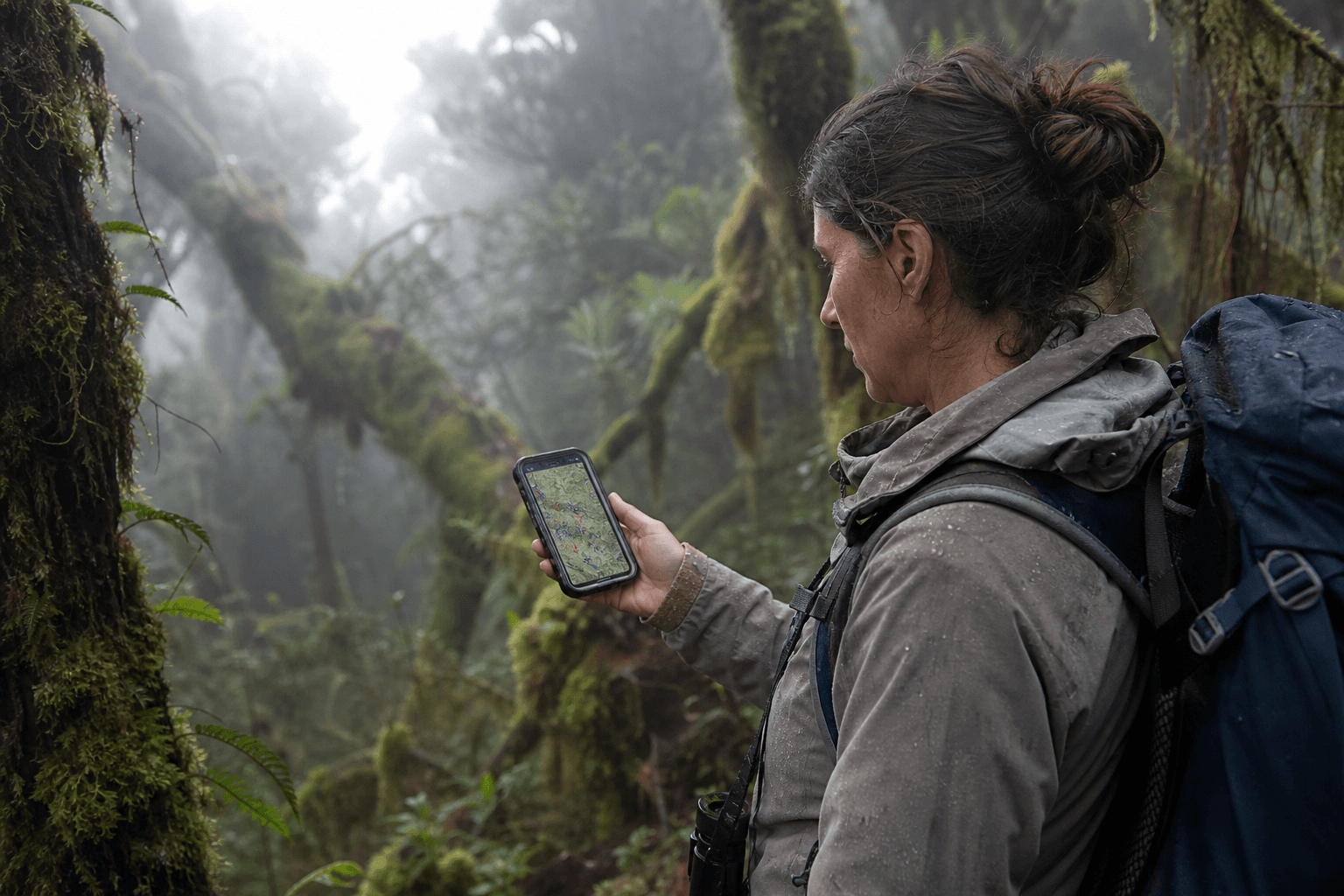 Una bióloga de campo con chaqueta y mochila mira un teléfono robusto con un mapa en un bosque nublado