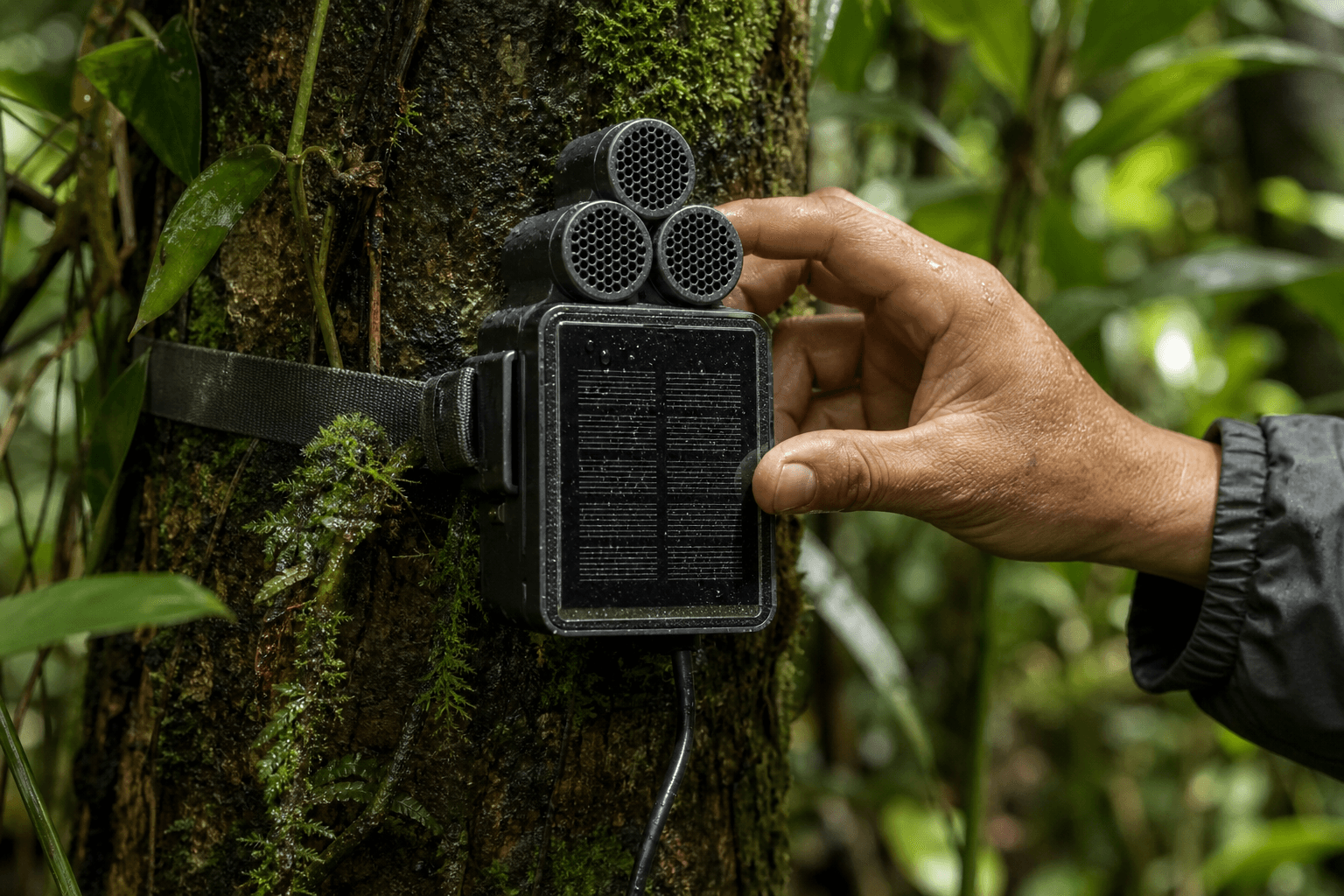 Sensor acústico solar instalado en el tronco de un árbol dentro de la selva tropical