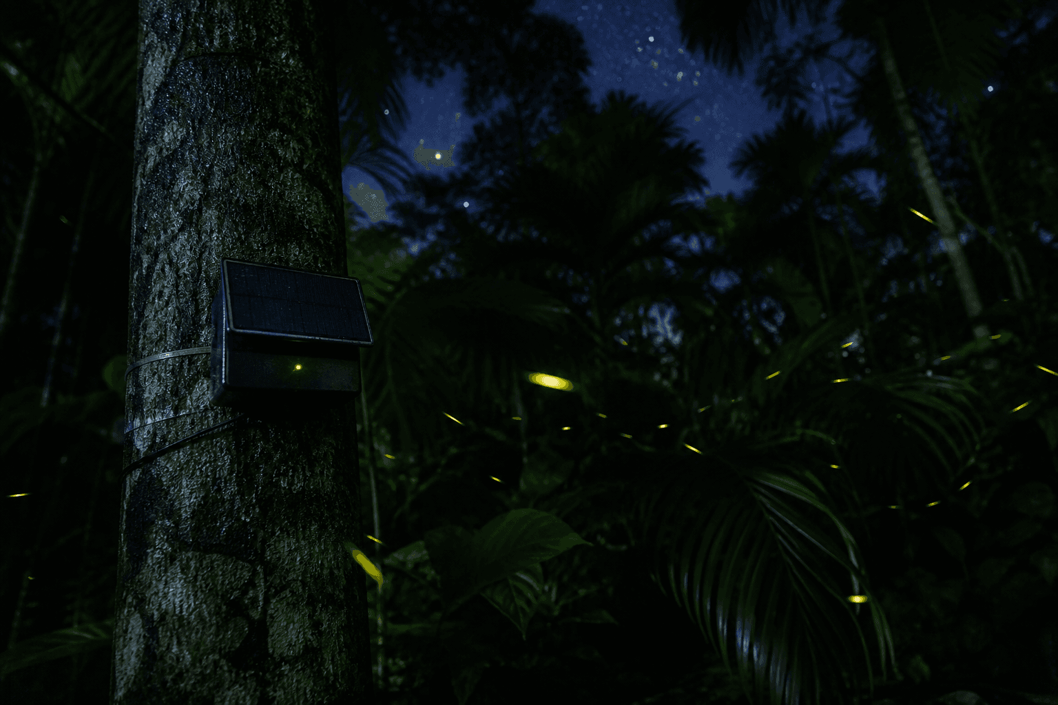 Escena nocturna de selva tropical con la luz indicadora de un sensor de monitoreo remoto