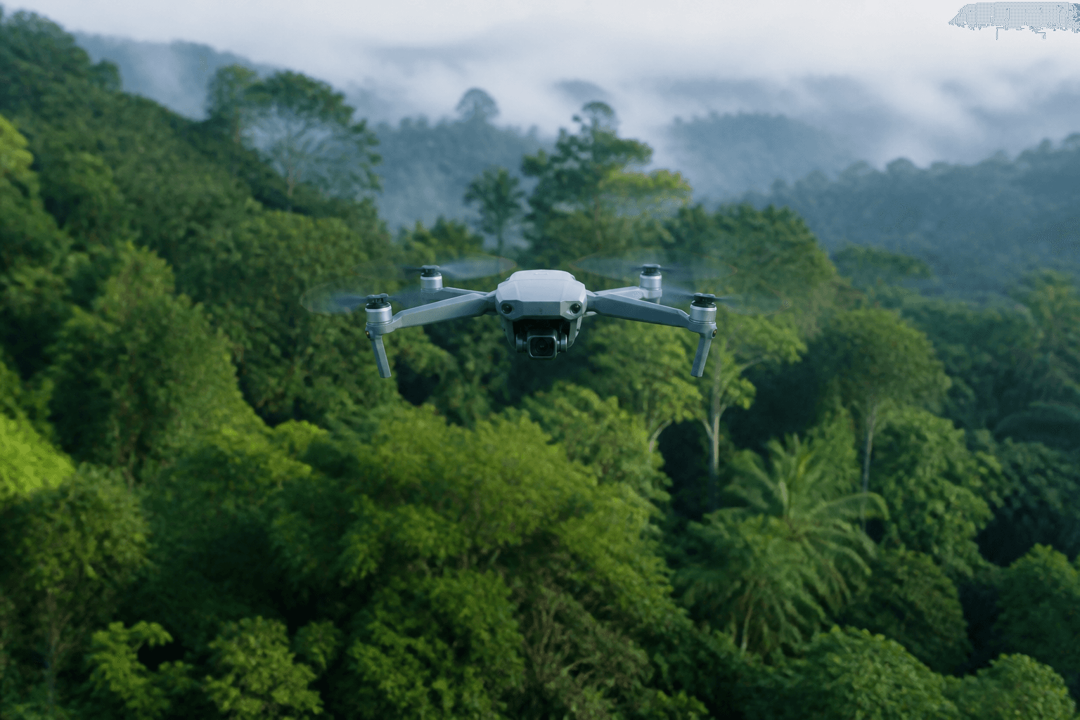 Un dron cuatrimotor sobrevolando a baja altura el dosel de un bosque tropical denso, capturando imágenes de fotogrametría