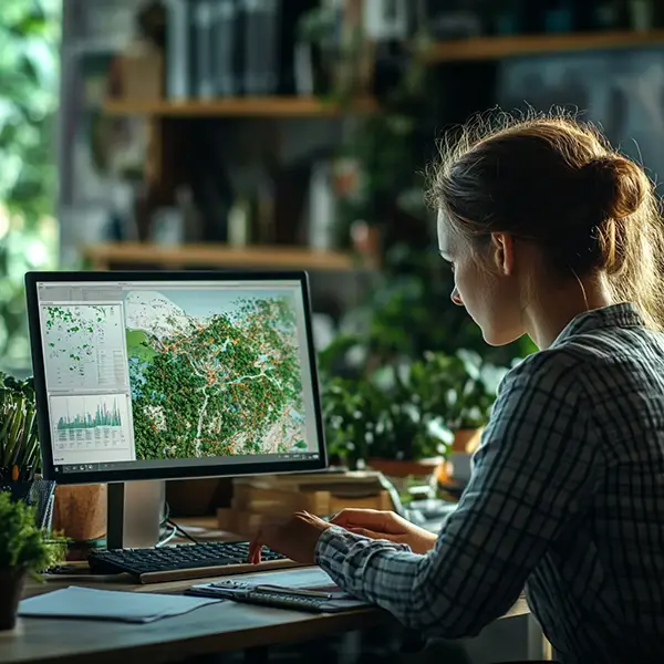 Mujer BioPaisaje Consultoría Ambiental con tablet en un entorno natural, representando la tecnología y sostenibilidad.